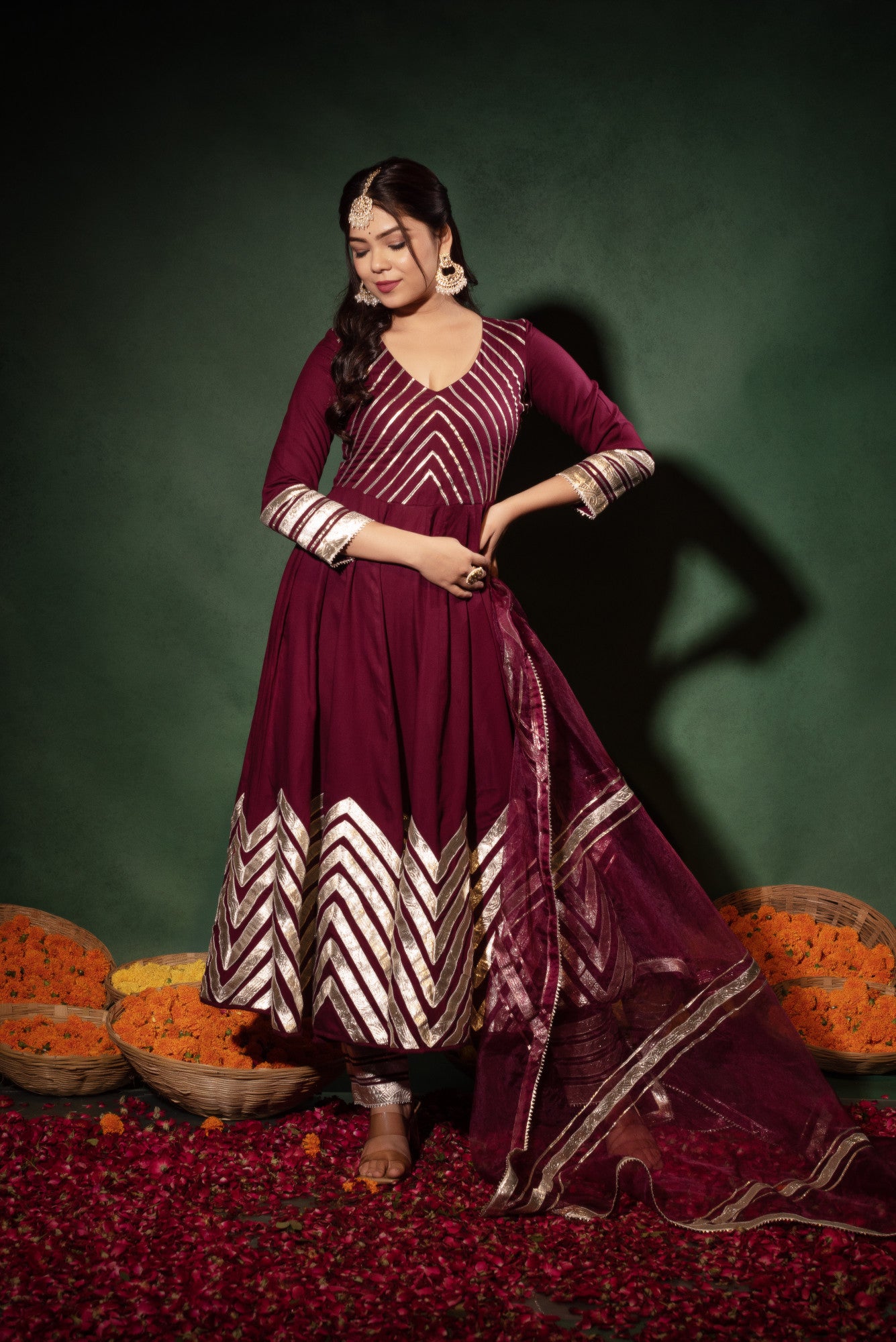 Wine Gotapatti Anarkali Suit Set