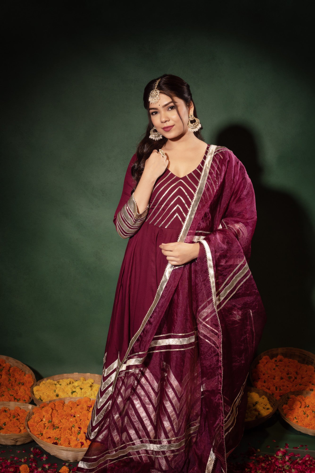 Wine Gotapatti Anarkali Suit Set