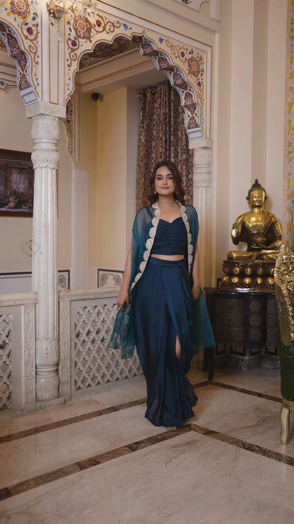 Blue Satin Pre Draped Skirt Shrug Set